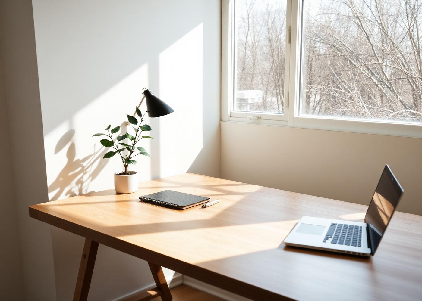 Bureau lumineux et épuré avec un ordinateur portable